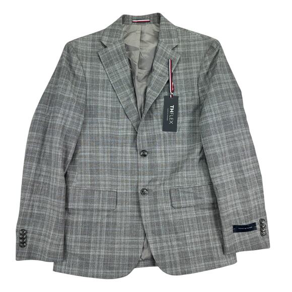 Tommy Hilfiger Mens TH Flex Modern Fit Plaid Windowpane Sport Coat Gray Blue 36S - Picture 1 of 5
